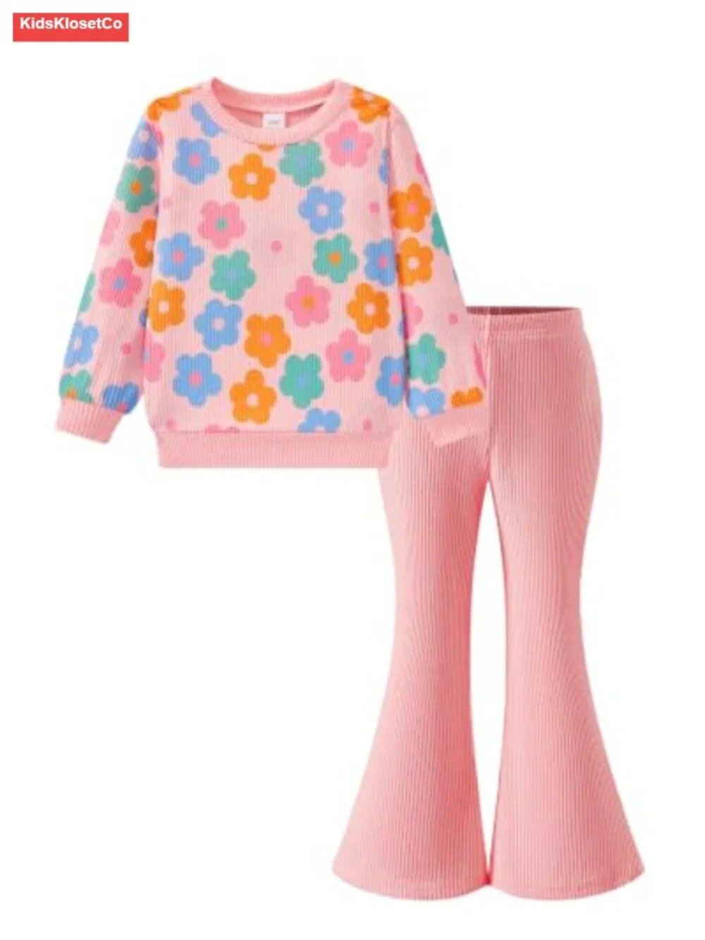 Toddler Girls 2-Piece Bell Bottom Outfit Set Long Sleeve Ribbed Knit Stretch
